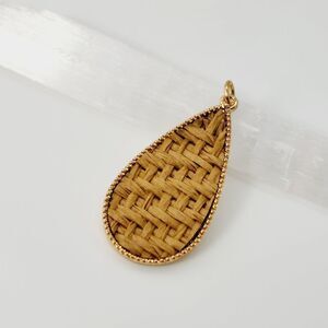Medium Natural Woven Raffia Teardrop Ggold Toned Pendant 1.75"